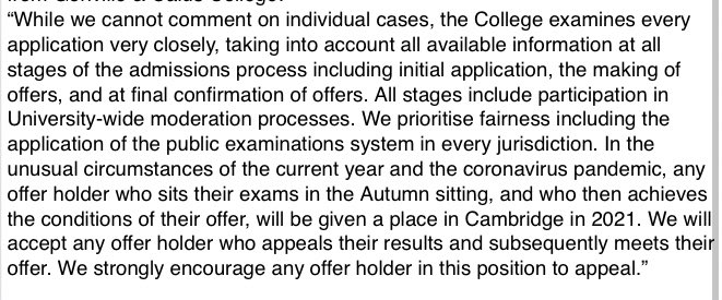 Update, statement from  @CaiusCollege. Says Mithushan and others in his position will either a) appeal and place will be honoured this year (presumably if it happens in time) or b) take autumn exams and be offered a place next year.