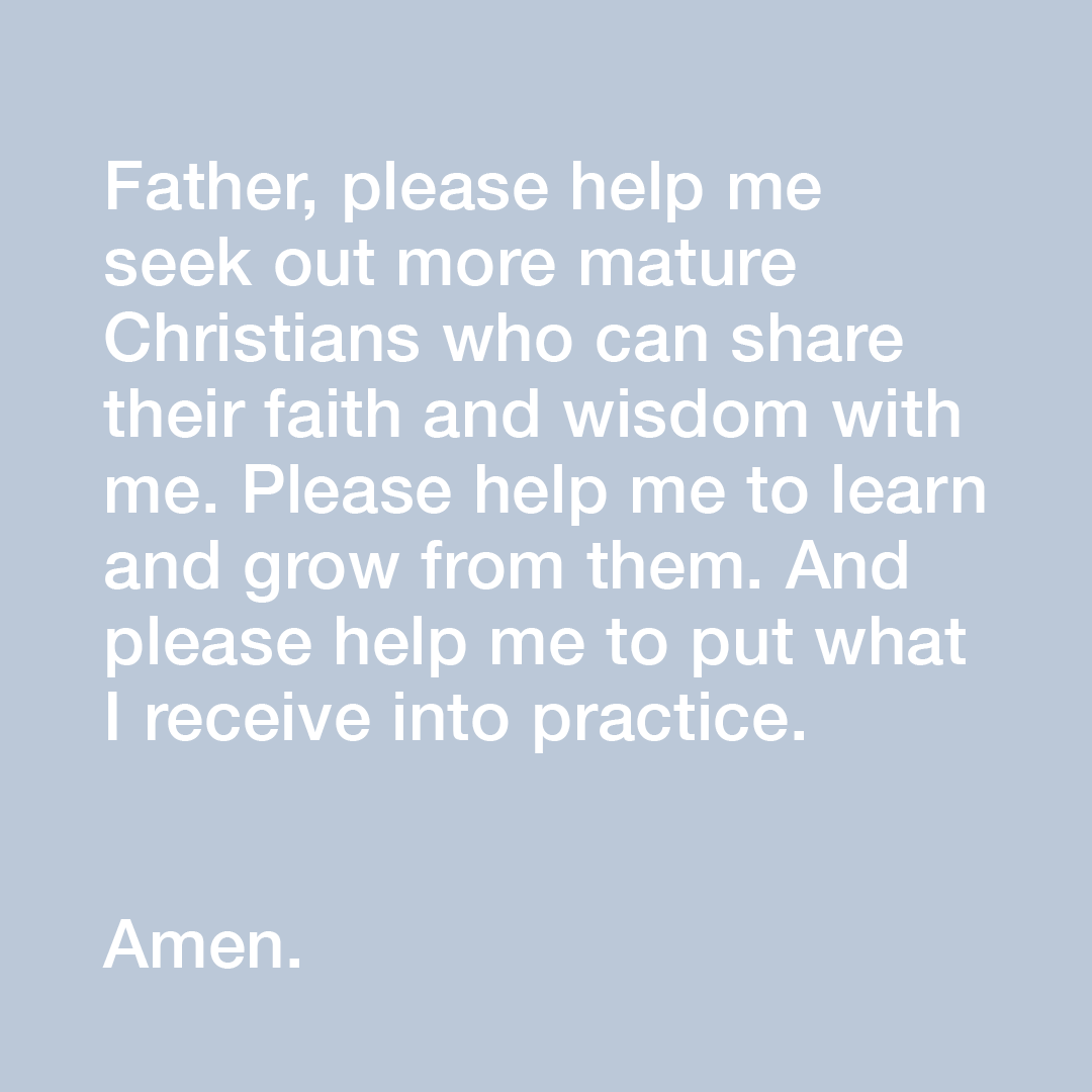 YouVersion's tweet image. Father, please help me seek out more mature Christians who can share their faith and wisdom with me. Please help me to learn and grow from them. And please help me to put what I receive into practice. Amen.