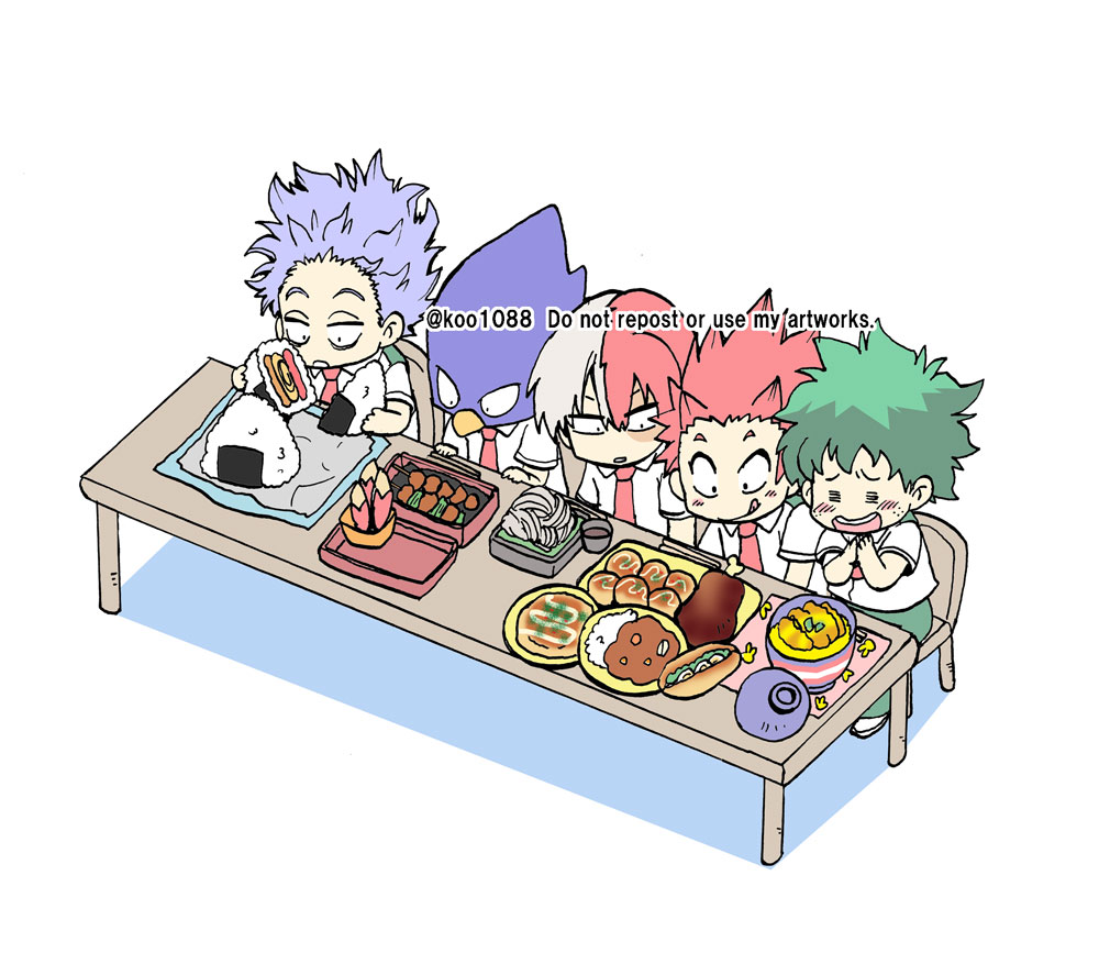 todoroki shouto food onigiri multiple boys red hair rice green hair table  illustration images