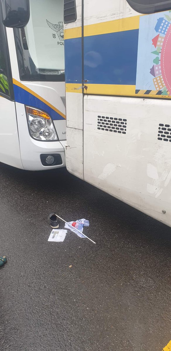 차단벽을 통과하여 경찰들의 저지선을 붕괴하려다가 갈비뼈가 골절되는 바람에 뒤로 물러나 있습니다 애국지사 한분이 경찰차량이  끼여 압사하고 
한분은 중상을 입었습니다
삼가 고인의 명복을 빕니다

추대은