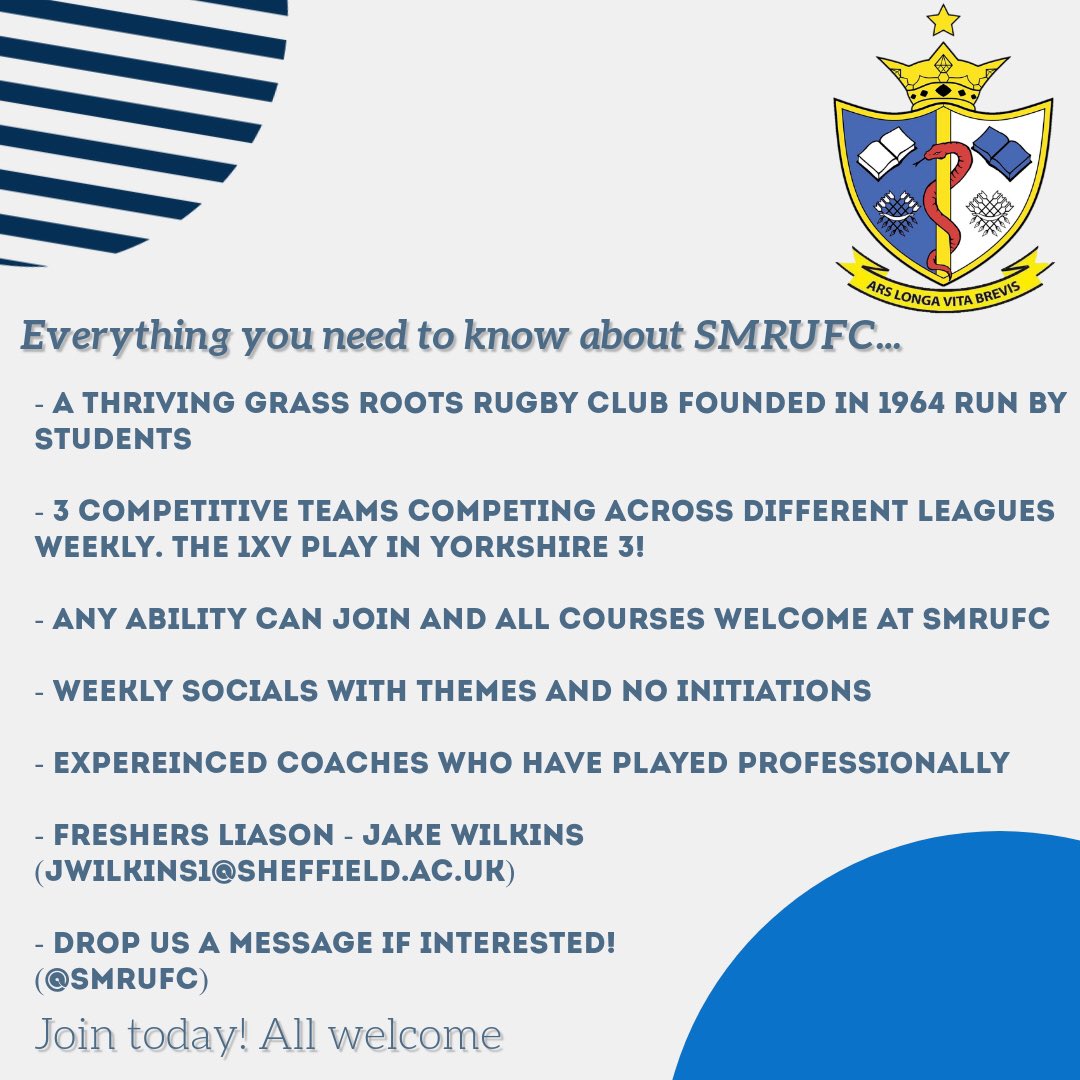 SMRUFC's tweet image. Coming to Sheffield this year and want to play some great rugby. Look no further! SMRUFC would love to hear from you. Drop us a message today! With 3 competitive teams there is something for all. All welcome!