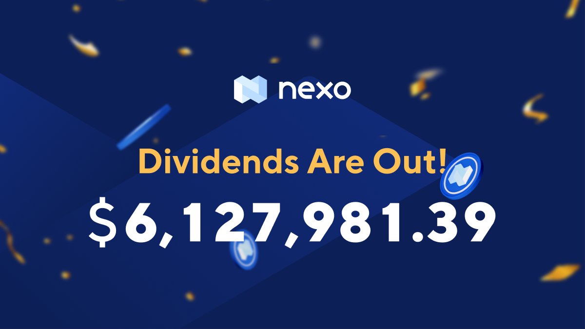 Nexo's tweet photo. Did you hear that? 

It was the sound of $6.1M in dividends hitting your accounts!🎊

Congratulations to all eligible $NEXO Token Holders on receiving their payout and thank you for your loyalty!

Now, what will you do with your Third Nexo Dividend?

#WhenDividends #NowDividends https://t.co/WCk59YVypV