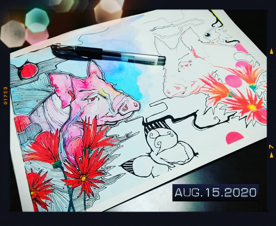 星谷志摩 今日はここまで あと半分の豚さんは何色がいーかな 黄色かなー 黒 クロ豚さんカッコいいよね なやむ こちらはオンラインの展示会に出す作品ですよん 顔彩 イラスト 豚 幻想的 ペン画 アート 絵描きさんと繋がりたい