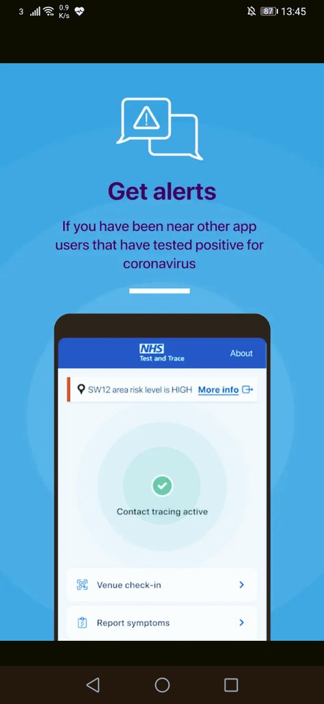 Looking at the  @NHSuk  #TrackandTrace Android app.It has a number of functions including checking in and out of venues.Isolation countdown and message alerts if you have been around users with a positive.