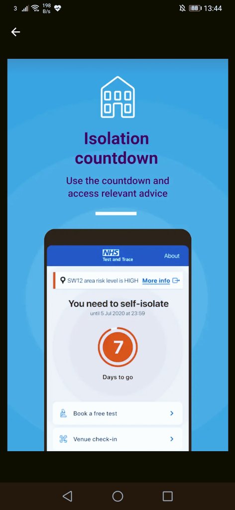 Looking at the  @NHSuk  #TrackandTrace Android app.It has a number of functions including checking in and out of venues.Isolation countdown and message alerts if you have been around users with a positive.