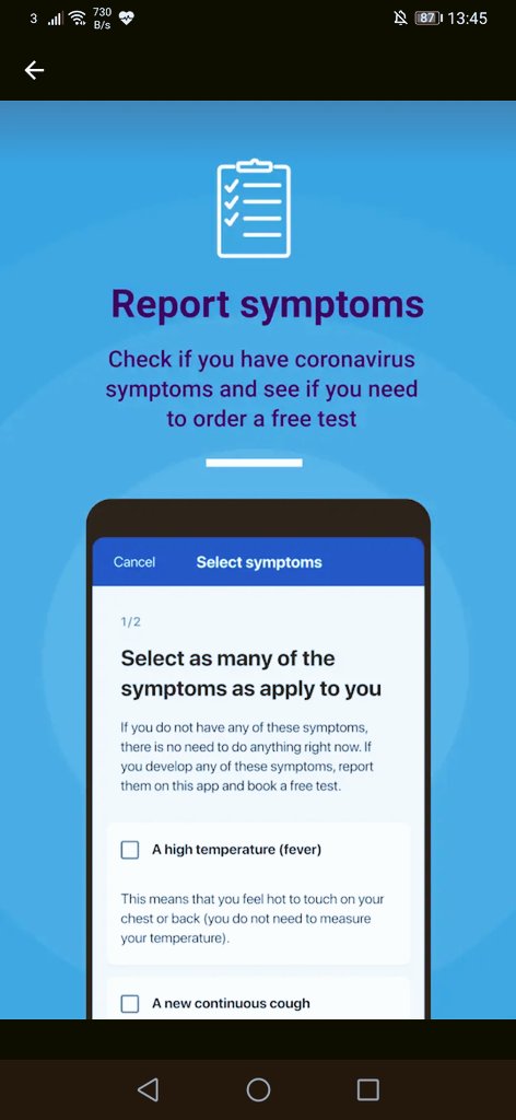 Looking at the  @NHSuk  #TrackandTrace Android app.It has a number of functions including checking in and out of venues.Isolation countdown and message alerts if you have been around users with a positive.