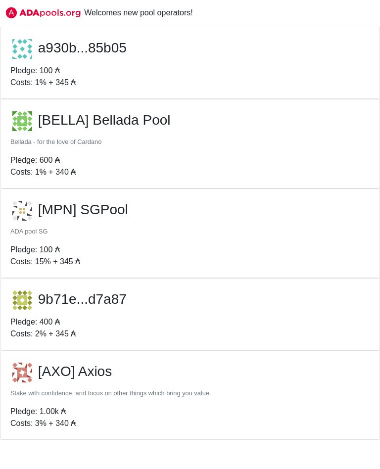 adapools_org's tweet photo. https://t.co/DFC3ogAawe welcomes new pools!
#BELLA #Bellada Pool #MPN #SGPool #AXO #Axios #FEHU #fehupool #VINCE #VINCE pool #cardano $ADA
π https://t.co/py7xEJTVG3 π https://t.co/yCBcL7BaHB