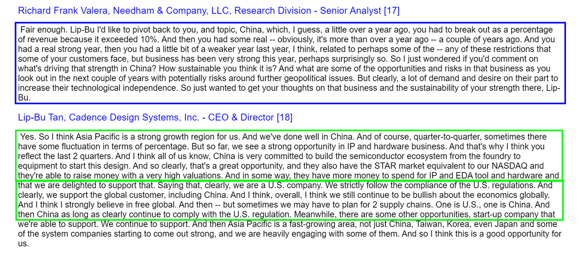 8/ China has stated their intention of transitioning to a fully local semiconductor value chainCadence's China business continues to do well even as they navigate tariffs The risk is known but mitigated by the quality of CDNS and SNPS software compared to substitutes