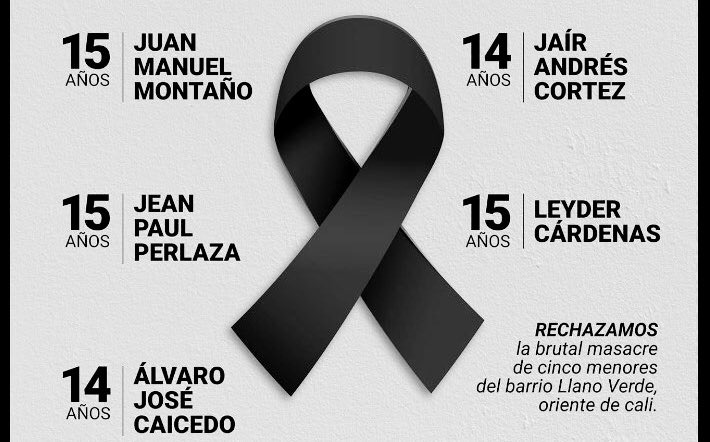 Eran cinco muchachitos y los mataron

Nadie sabe quién (?)

@FiscaliaCol en lo suyo, no ha verificado los hechos

Y los medios?

Qué cobertura nacional han dado los noticieros?

#BlackLifesMatters pero, si es en Colombia, no matters?

#LlanoVerde 
#Los5DeLlanoVerde
#UnDatoAhi 💔