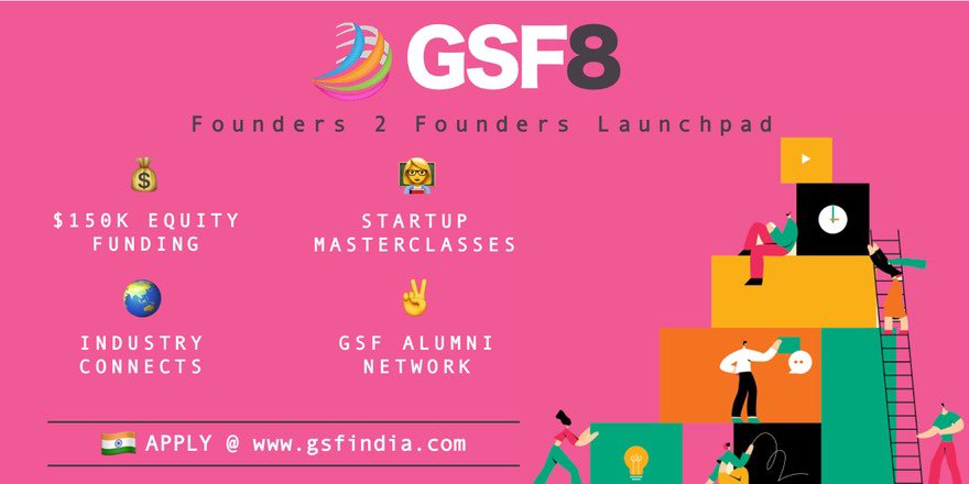 Founders 2 Founders Launchpad 

I am pleased to announced the launch of GSF8 accelerator: check out details on gsfindia.com

Applications close on August 31, 2020

<a href="/DineshAgarwal/">Dinesh Agarwal</a> @GSFIndia <a href="/roshanabbas/">Roshan Abbas</a> <a href="/hiteshchawla/">Hitesh Chawla</a> <a href="/brijbhasin/">Brij Singh</a> <a href="/hiromashi1969/">hiromashi1969</a> <a href="/SriPeddu/">Sri Peddu</a> <a href="/powerhouseven/">Powerhouse Ventures</a>