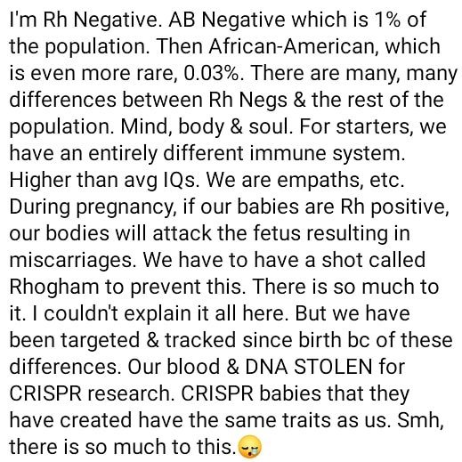 msrlw's tweet image. #TargetedIndividuals #TargetedSinceBirth bc of our rare #DNA/#bloodtype. #RhesusNegative #ABNegative &amp;amp; African-American. True for less than 1% of the population! Subj to NONCONSENSUAL #HumanExperimentation &amp;amp; torture bc of it. Our #BlackLivesMatter too! #eugenics #CRISPR etc.