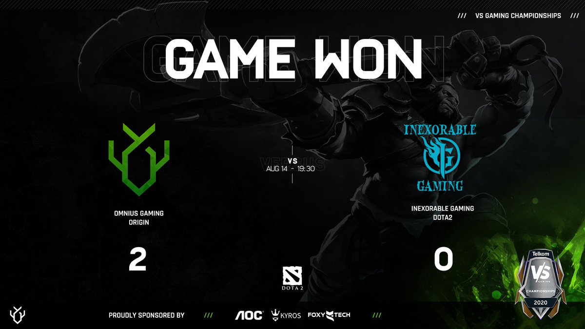Well done to our #DOTA2 team for taking down <a href="/Inex_Gaming_/">Inexorable Gaming</a> with a solid [ 𝟮-𝟬 ] in their first <a href="/VSGamingWorld/">Telkom VS Gaming</a> Championship game last night!

#ZAesports @AocSouth <a href="/Kyros_sa/">Kyros</a> <a href="/Foxytechza/">Foxytech</a>
