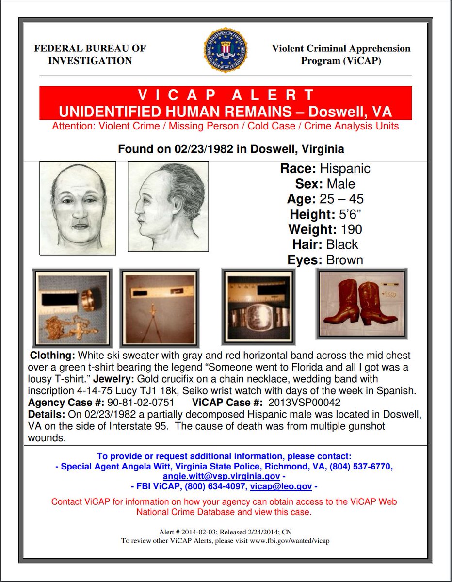 FBI Richmond (@fbirichmond) on Twitter photo #ICYMI ViCAP Alert! Unidentified human remains located in Doswell, VA on 2/3/1982. Hispanic male. Jewelry located w/ the remains include a gold crucifix on a necklace, a wedding band inscribed w/ 4/14/75 Lucy TJ1 18k & a Sieko watch with the days of the week in Spanish. <a href="/VSPPIO/">VA State Police</a> #ICYMI ViCAP Alert! Unidentified human remains located in Doswell, VA on 2/3/1982. Hispanic male. Jewelry located w/ the remains include a gold crucifix on a necklace, a wedding band inscribed w/ 4/14/75 Lucy TJ1 18k & a Sieko watch with the days of the week in Spanish. <a href="/VSPPIO/">VA State Police</a>
