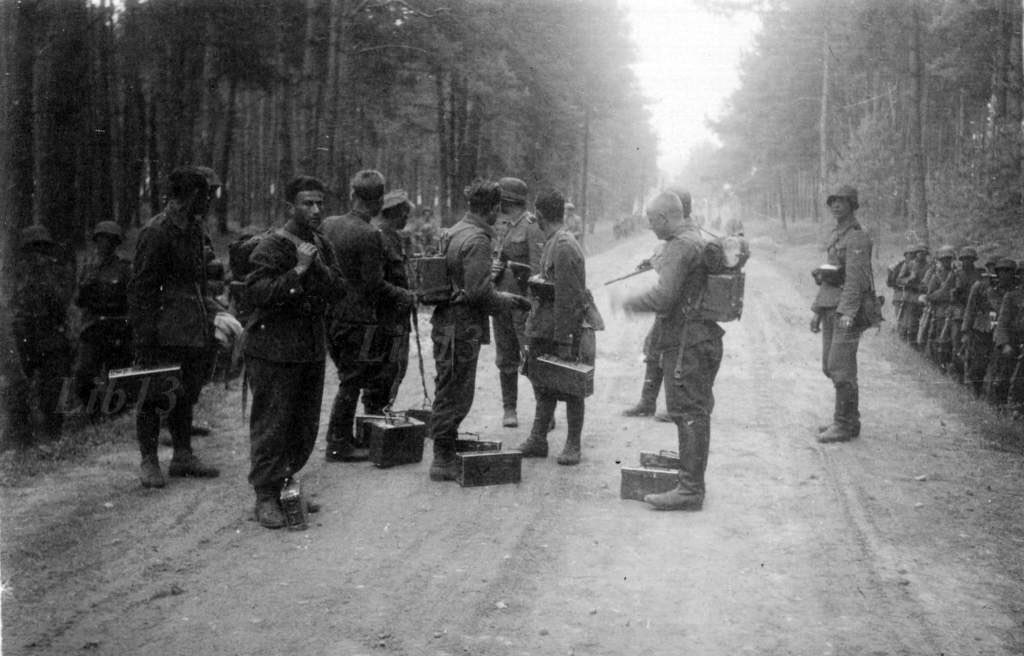 My confusion is why? No sign of heavy mg equipment, presumably mg is hidden. They also carry 3 unidentified boxes (2 on backs, 1 on floor). Tricky to ID but look WSS as 2 sleeve eagles (on the medic on right & Scharführer 5th from right).In short I’m confused.17b)