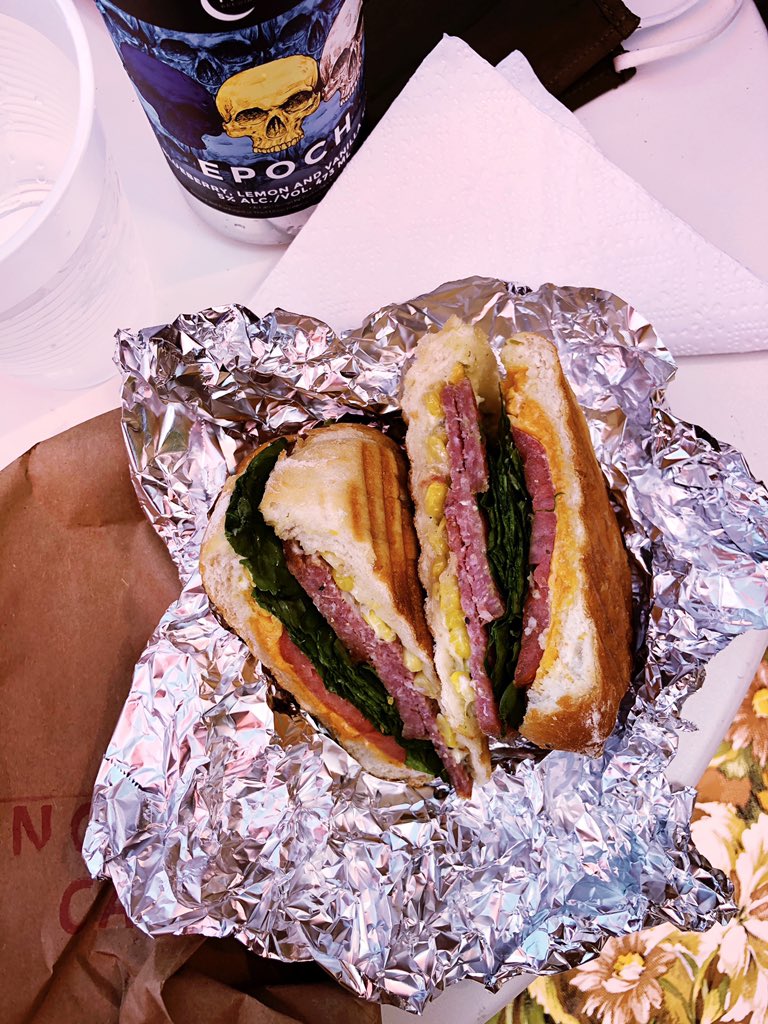 This sandwich is around until Sunday only. 
Noah Martins summer sausage, roasted corn, spinach, tomato, charred scallion mayo + cheddar. 
Photo by @ryeandwaterloo