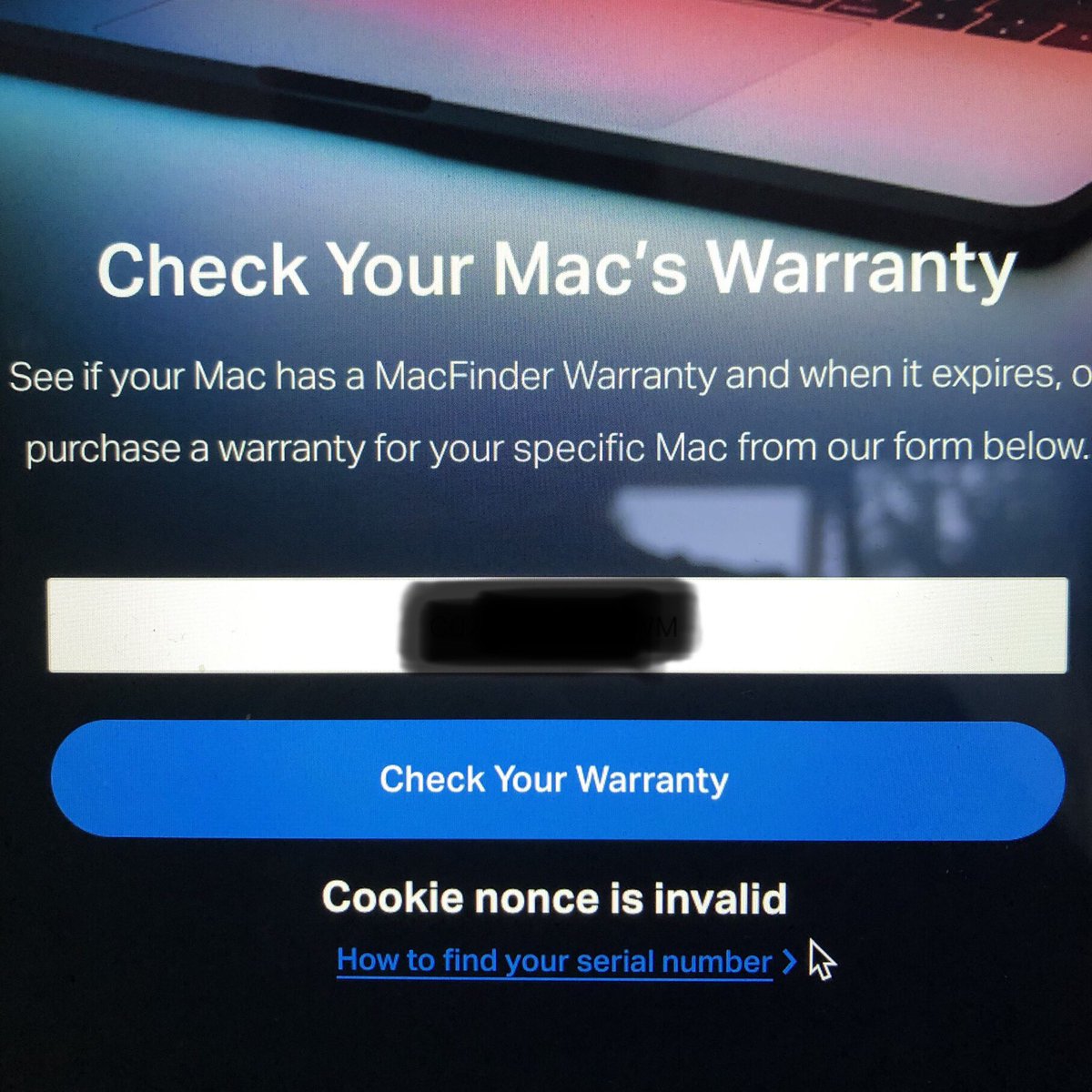 TheEdThorne's tweet image. @MacFinder_UK WTF is a #CookieNonce?? And why can’t I extend the warranty on my new Mac please? Thanks.

#MacFinder