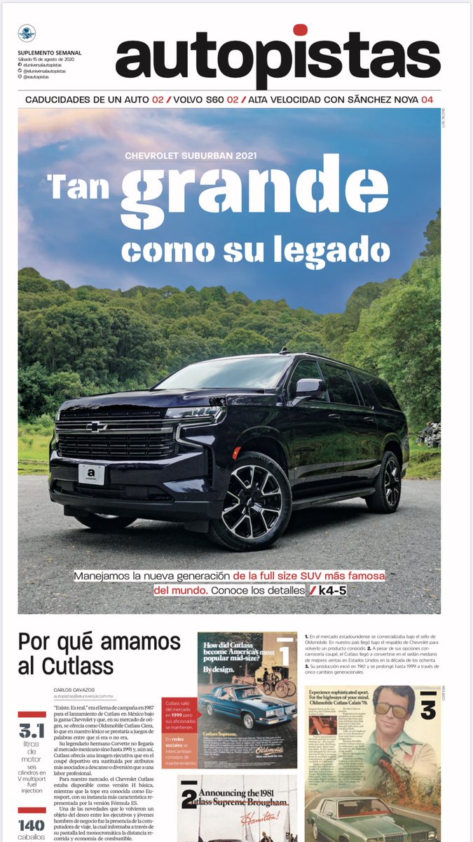 DiegoGuilbert's tweet photo. Este es el primer número de Autopistas con el rediseño de @El_Universal_Mx. Corra por su periódico para conocerlo y descubrir todos los detalles de la nueva @ChevroletMexico Suburban. https://t.co/VaL39AbVlo https://t.co/poVkXTZkq2