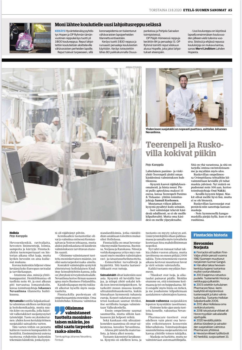 enevanli's tweet photo. Hyvin kirjoitettu artikkeli Etelä- Suomen Sanomissa Pharmcaren suojavaate- satsauksesta. Nöyrin mielin jatketaan vahvaa satsausta sekä hevospuolella, että nyt myös sairaalapuolella #finntack #pharmacare https://t.co/XroaeBGFqJ