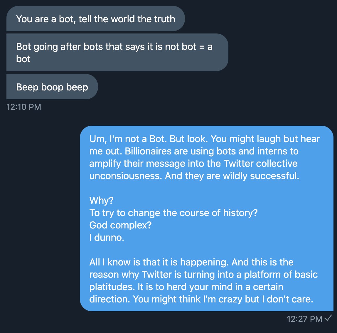 Look a question has come in from the Peanut Gallery.Sometimes I wonder why I bother.Poor guy. Poor Bot. Or maybe poor intern.But we are onto them.