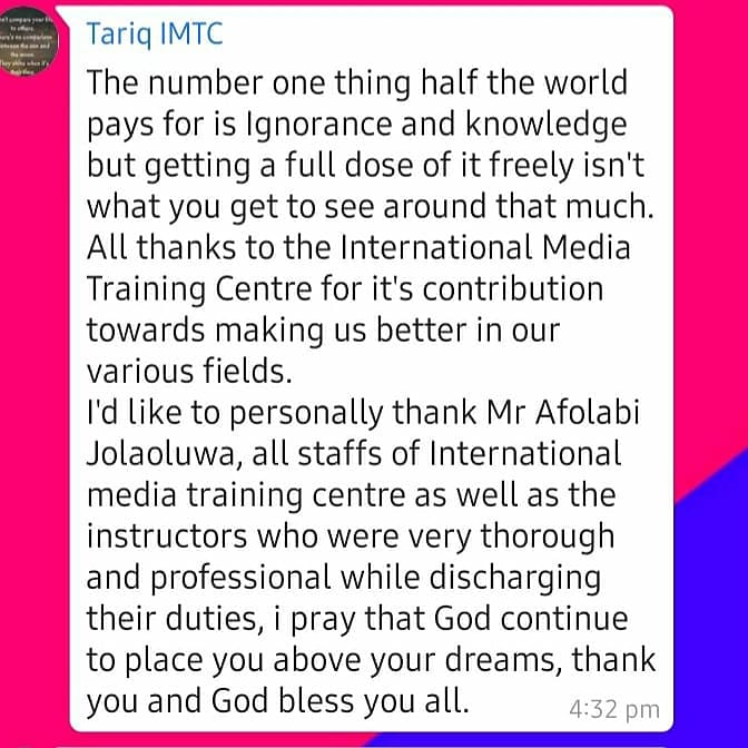 imtc_global's tweet photo. Photo Speaks:
International Media Training Centre (IMTC) holds a Week Training on Broadcast Presentation in Ilorin, Receives Feedback from Participants https://t.co/uKqazQRERS