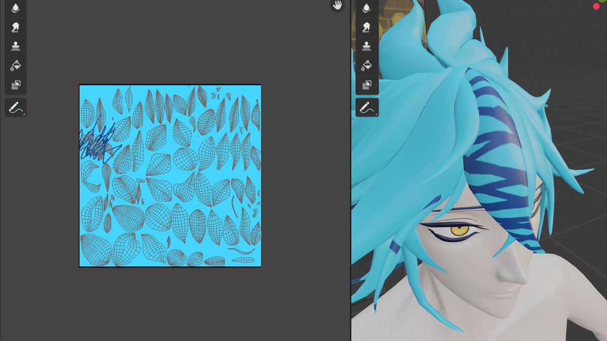 じゅのん Uv展開上では色は置けるのですが テクスチャペイントが3d上で直接ペイントできません また Aoベイクで影をつけようとすると 直接描写できない部分が真っ黒になってしまいます 法線の問題でもないようなのでお手上げ状態です Blender