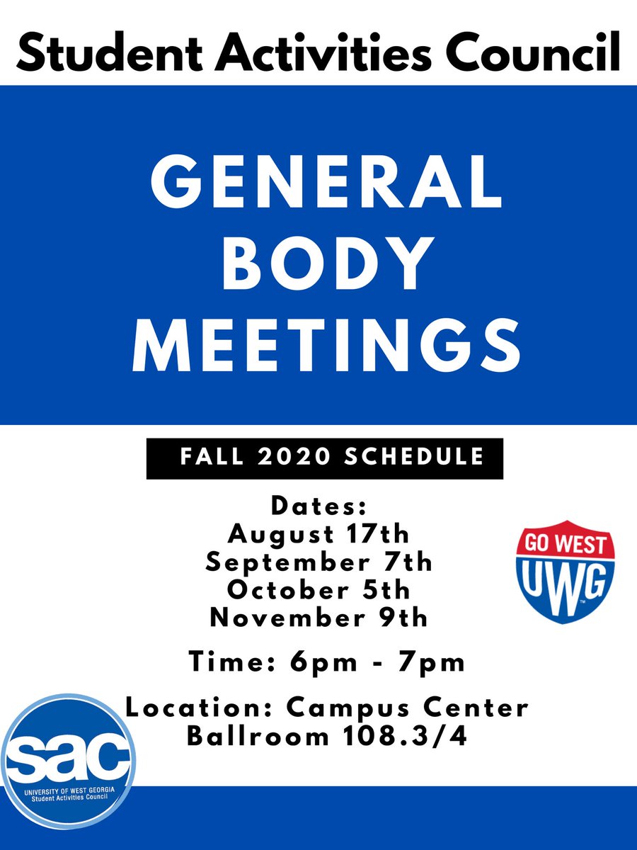 Welcome Back Wolves! As we are getting into the transition of school again we would like to invite you to SAC’s first general body meeting this Monday, August 17th at 6pm in the Campus Center Ballroom 108.3/4. We can’t wait to see you there! 
#uwg #uwg21 #uwg22 #uwg23 #uwg24