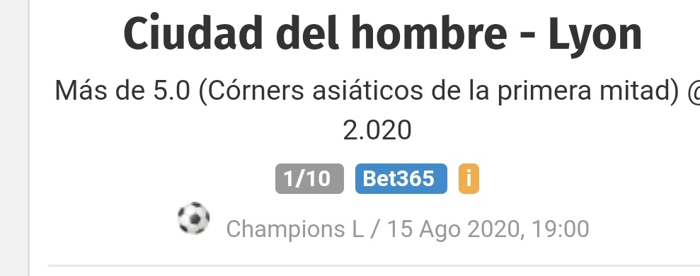 DAVENAPUESTAS's tweet image. 📅 15/08 - 21:00
🏆 Champions League
⚽️ Man City - O Lyon
📩 +5.0 (Handicap Corners 1HT)
💰 2.05
🔒 Stake 1