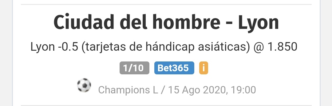 DAVENAPUESTAS's tweet image. 📅 15/08 - 21:00
🏆 Champions League
⚽️ Man City - O Lyon
📩 O Lyon -0.5 (Handicap tarjetas)
💰 1.85
🔒 Stake 1