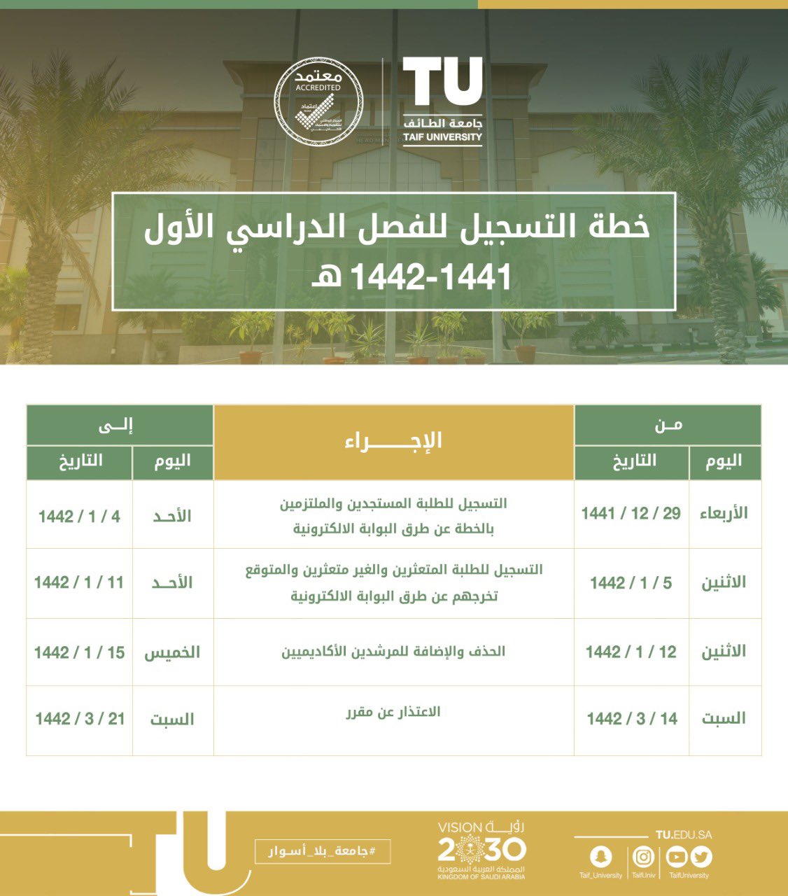 التقويم الاكاديمي جامعة الطائف