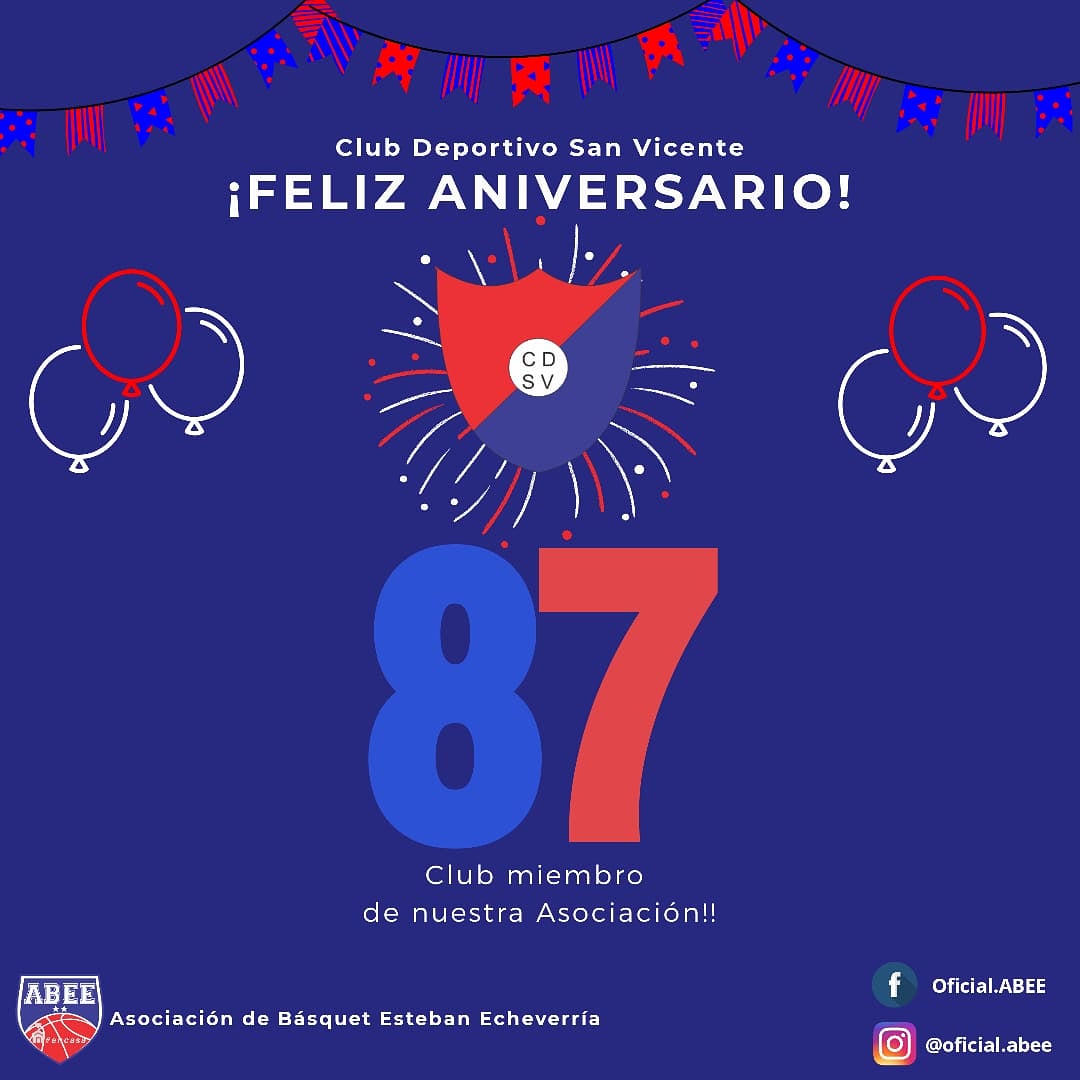 Basquet_ABEE's tweet photo. 🎉FELIZ ANIVERSARIO🎉 @cdsv_ok
 
Desde la Asociación le deseamos un Feliz Aniversario al Club Deportivo San Vicente.👏👏👏

#SomosABEE 
#LaDelGranBuenosAires 
#felizaniversario
#87años https://t.co/WVWbq8aKkI
