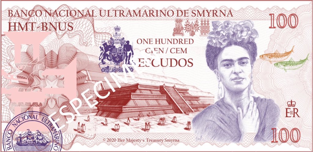 _BNUS's tweet photo. The Smyrnian Escudo (ESC) banknote series 2020. #micronation  Our 100 One Hundred Escudo banknote featuring pre columbine México Cholula pyramid and Mexican painter Frida Kahlo. @SmyrnaGov https://t.co/OAh5li3TJP