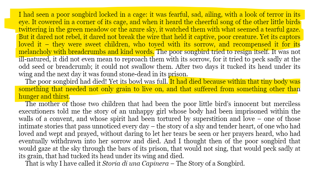 BUT!!!! verga also wrote another book called "storia di una capinera" ("sparrow: the story of a songbird") where the title comes from the story of this bird dying in its cage bc of its desire to be free. even if its captor loved it, that forced love does nothing to keep it alive