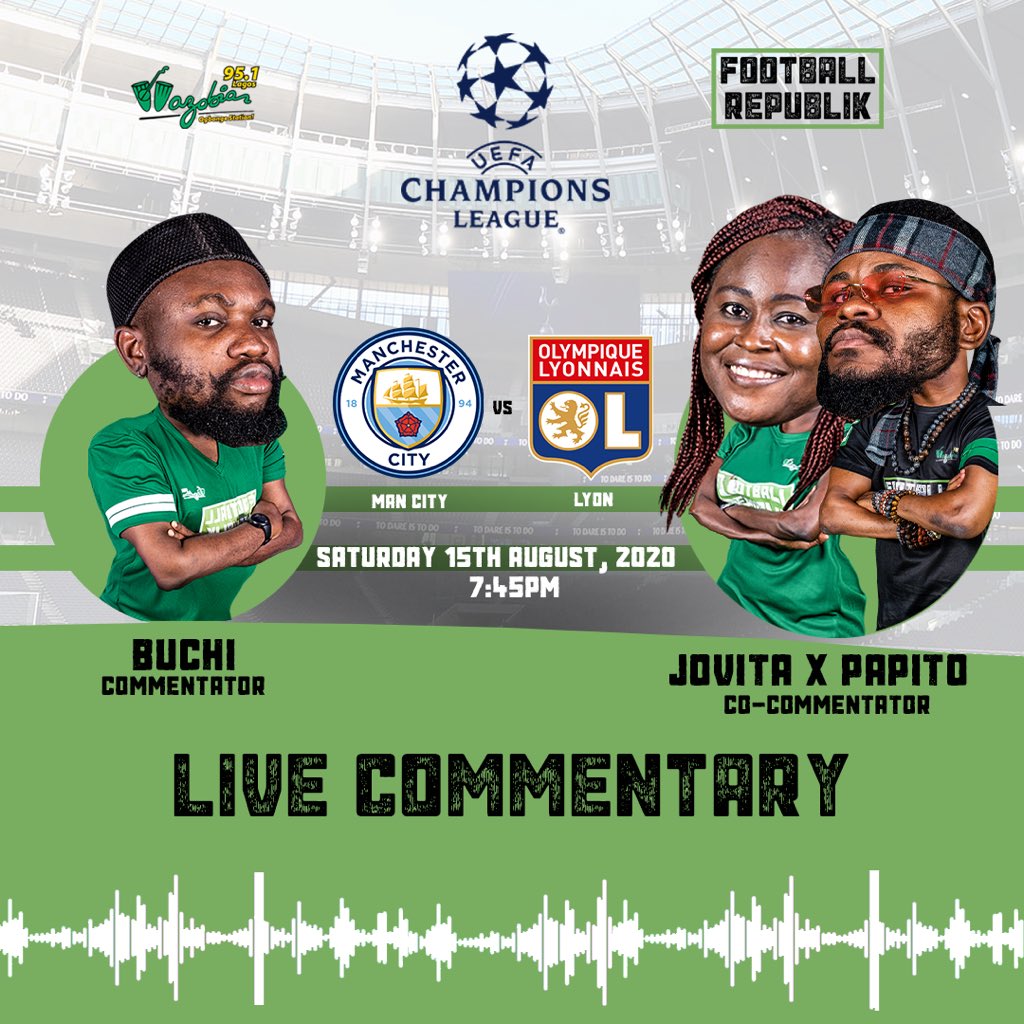 TheRepublikans's tweet photo. Make Una clear road for #PidginCommentary wen go scatter brain on top dis melegbefious #UCL #MCILYO game...@Buchi_Laba @iamsexyjoe @papitowazobiafm tanda for @Wazobia_FM 8PM π» as ee Dey hotπ₯
Team list don show: ππΎππΎππΎ
#TeamManCity say #Konfam
#TeamLyon say #IfIHear
Blassttt! https://t.co/n37YG2XPu3