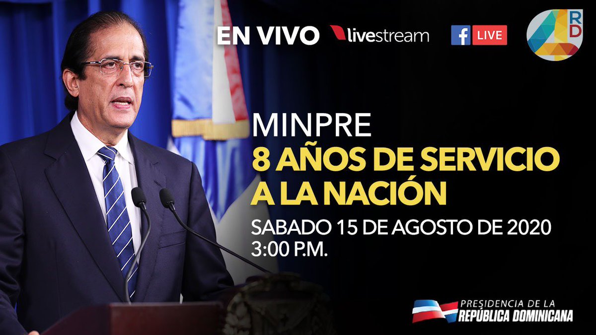 Gobierno Danilo Medina (@gobiernodanilo) on Twitter photo AHORA: Transmitimos en este instante: <a href="/MinpreRD/">Ministerio de la Presidencia</a>, ocho años de servicio a la nación.
Disponible en el siguiente enlace: livestream.com/presidenciard/… AHORA: Transmitimos en este instante: <a href="/MinpreRD/">Ministerio de la Presidencia</a>, ocho años de servicio a la nación.
Disponible en el siguiente enlace: livestream.com/presidenciard/…