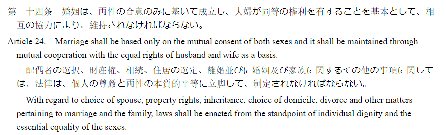 2. While it should be rather clear that Article 24 is simply intended to make sure that women have the same rights within a marriage, usage of the words "both sexes" and "husband and wife" has led to the interpretations that same-sex marriages are unconstitutional.