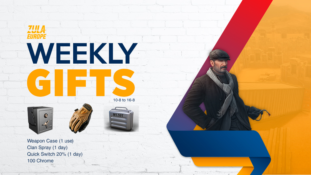 Last dayzzz Zula Europe!! If you log in Zula Europe this week, you will receive the next items EVERY DAY:

- Weapon Case (1 use)
- Clan Spray (1 day)
- Quick Switch 20% (1 day)
- 100 Chrome

#ZulaEurope