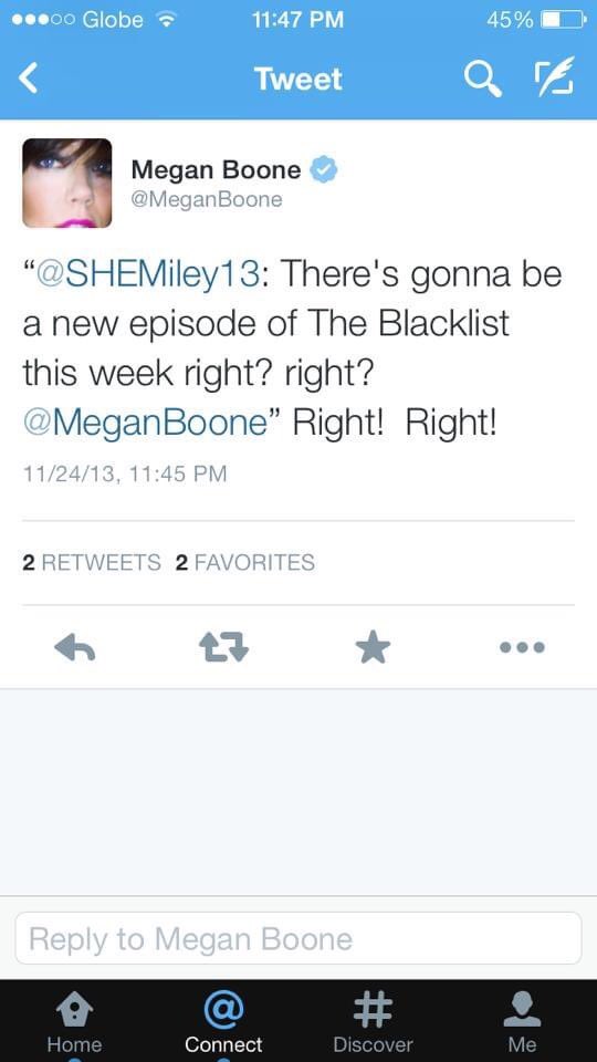 MeganBoonePH's tweet photo. Throwback to the earlier days of The Blacklist and when Megan Boone was still on Twitter and noticed me multiple times 💙 I miss her 🥺😢 https://t.co/JmL3rCFBWy