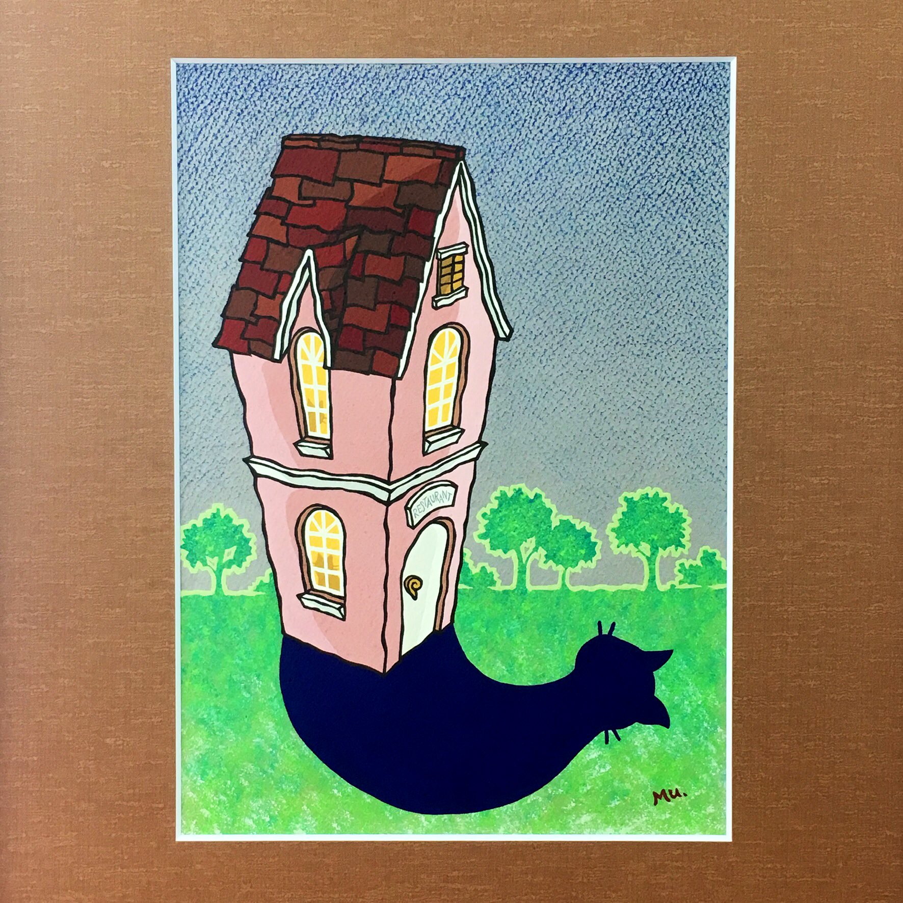 むぅ工房 宮沢賢治さんの 注文の多い料理店 の表紙絵を勝手に描きました 笑 手描きイラストは デザイナーズカラーと色鉛筆で レザーアートは 革を重ねて作りました 窓の奥からは猫がこっそり覗いてます 注文の多い料理店 手描きイラスト