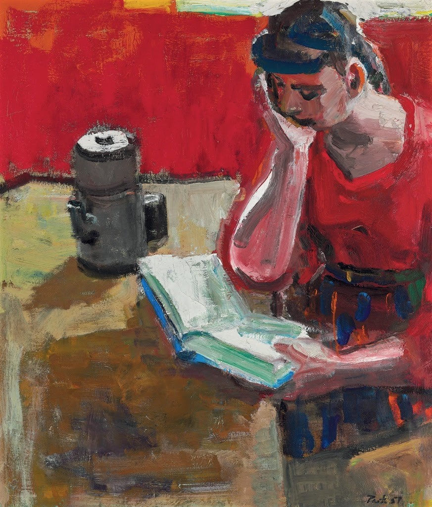David Park, "Woman Reading (with Coffee Pot)", 1957, Oil on canvas, 44" x 38 1/2"