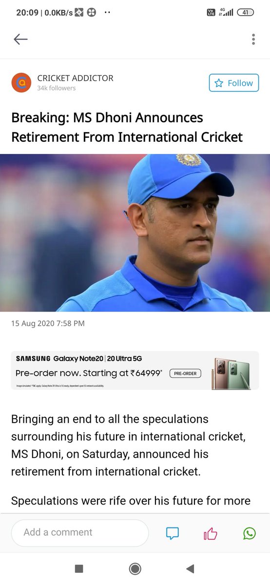 RajDeep78451748's tweet photo. @msdfansofficial @imDhoni_fc Very bad news. Today I hurt alot ,dhoni has taken retirement from International cricket. Sir plz don't do this take yur decision back..  Shocking news😢😢
I am huge fan of yurs dhoni sir. I want to see yu every tym on TV as playing for india.... https://t.co/1fBSBLiSY9
