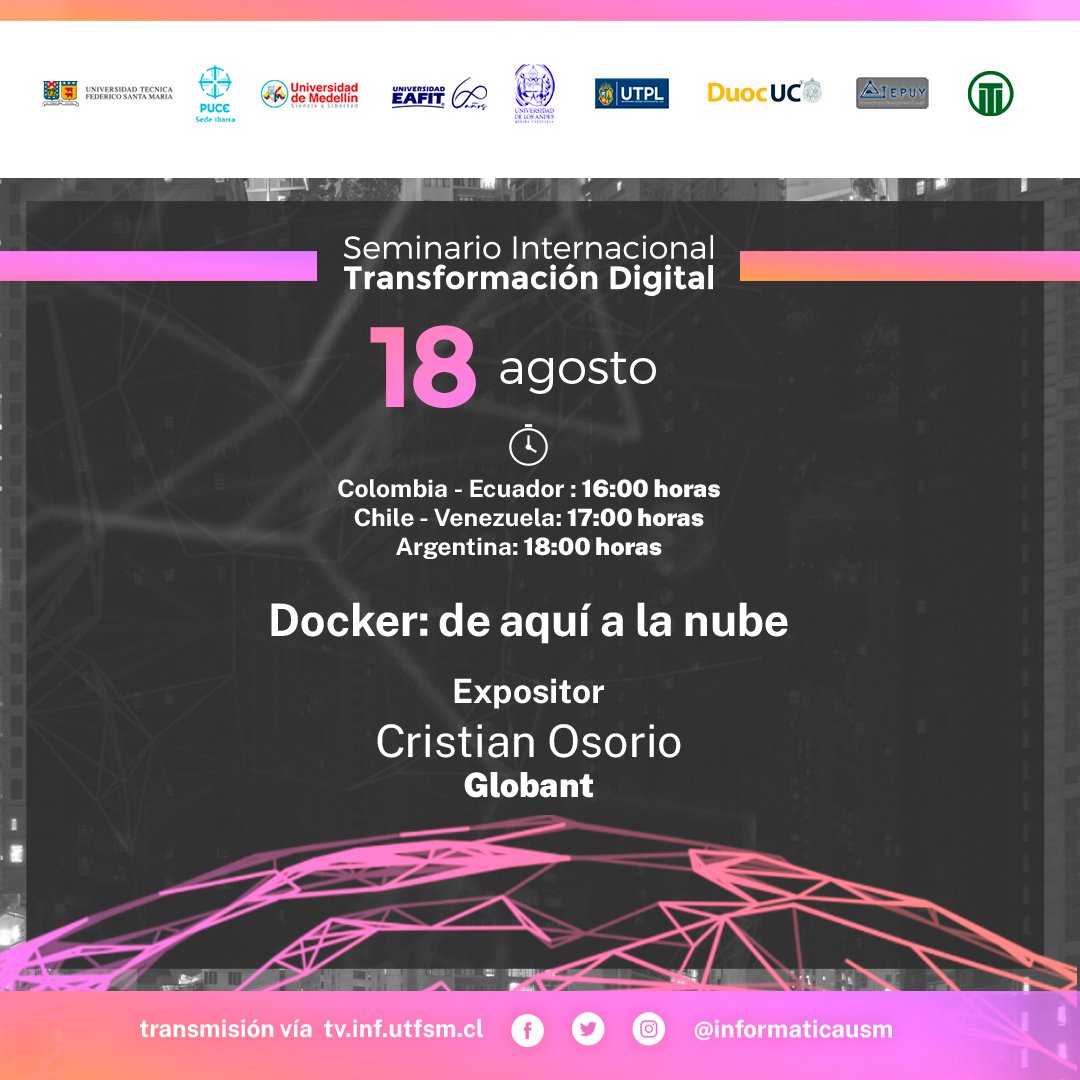 informaticaUSM's tweet photo. Los invitamos a seguir participando en el Seminario Internacional sobre Transformación Digital. El 18 de agosto contaremos con dos presentaciones 👇
Te esperaramos a través de nuestro canal digital https://t.co/Z6o9cYDHYV
#SeminarioTD2020 #DINF #USM https://t.co/l51hKdobDY