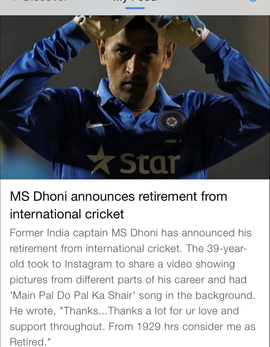 amsati's tweet photo. MSD @msdhoni @BCCI we still want to  see your Helicopter shots on the ground . In T 20 World Cup India 🇮🇳 will   require u  . A legend says goodbye to the international cricket wef 1929 hrs on 15th August , 2020. We all will miss you wearing Indian crest !  Reconsider ! Salute .. https://t.co/hn3U3flkEf