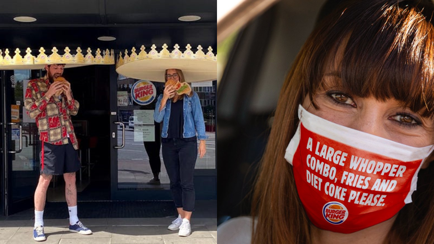 #COVID pushes #Marketing  #creativity. <a href="/BurgerKing/">Burger King</a> is testing different funny things to keep the smile : A giant cardboard crown to keep #SocialDistancing or a printable #mask ask to order your menu without speaking! What have you invented to keep your #CustomerExperience fun ?