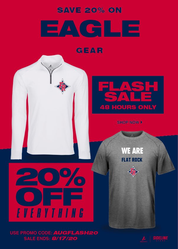 FRMSEagles's tweet photo. We are offering a 48 hour flash sale starting 8/16 at 12:00 A.M. EST through 8/17 at 11:59 P.M. EST. This promotion is good for 20% off EVERYTHING, no minimum purchase required. Shop and share! Store Link: https://t.co/TzQDmdqvI3 #flatrockforward https://t.co/QEoNgSjvGs