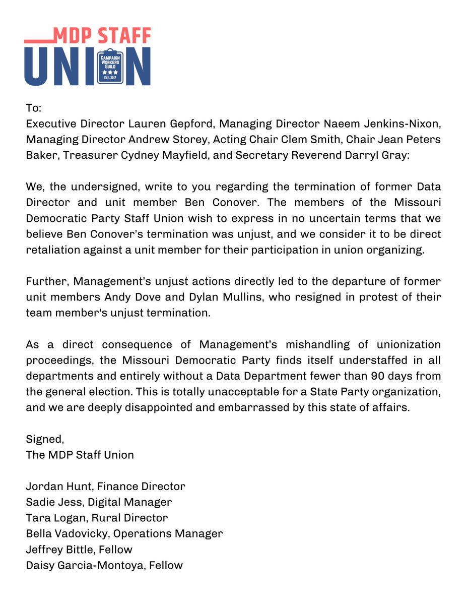 MDPStaffUnion's tweet photo. The workers of @MoDemParty condemn the gutting of our Data Dept just 80 days out from Election Day. Read our statement below: https://t.co/URwirhTPxI