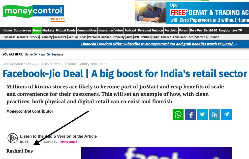 Then in April, an article appeared on  @moneycontrolcom which raved about the deal between Facebook & Reliance Jio. Below the headline, the byline says "MoneyControl contributor".But scroll a little - and the author is Facebook's Policy Chief Ankhi Das' sister Rashmi Das.(2/4)