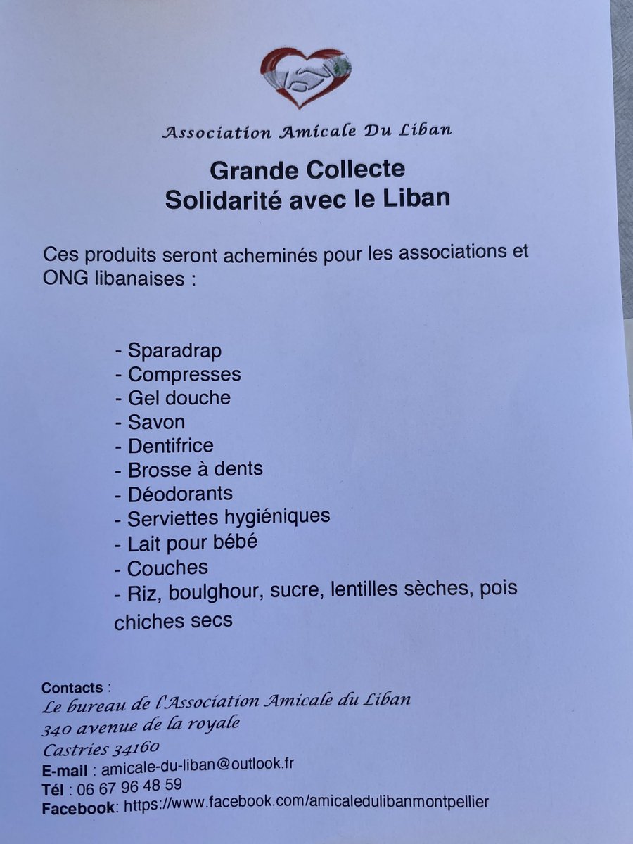 Solidarité avec le #Liban, jusqu’à 19 h00 devant la librairie Sauramps venez apporter vos dons aux ONG Libanaise collectées par l’amicale du Liban. Merci aux bénévoles et aux nombreux donateurs. Nous sommes #Beyrouth.