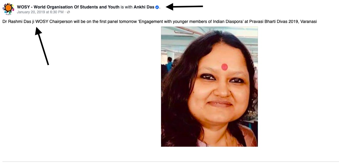 Facebook's Ankhi Das also attends sessions of "WOSY - World Organization of Students & Youth" which was led by her sister Rashmi Das.Fun fact: WOSY runs out of the same office as the RSS-operated Rashtriya Kala Manch at 26, DDU Marg in Delhi. (3/4)