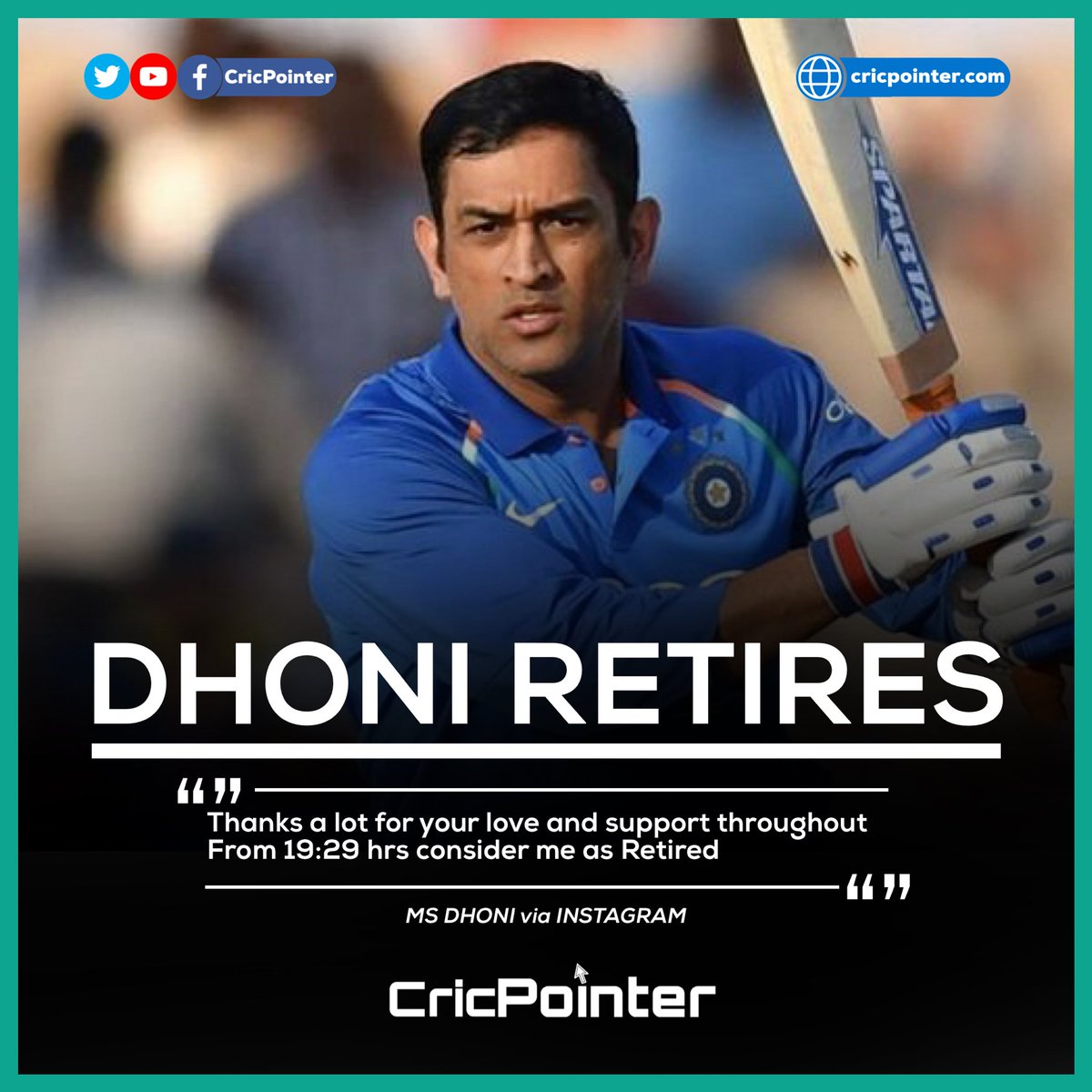 CricPointer's tweet photo. Indian cricket’s superstar @msdhoni announced his retirement from international cricket via Instagram https://t.co/fXyBewhTsV