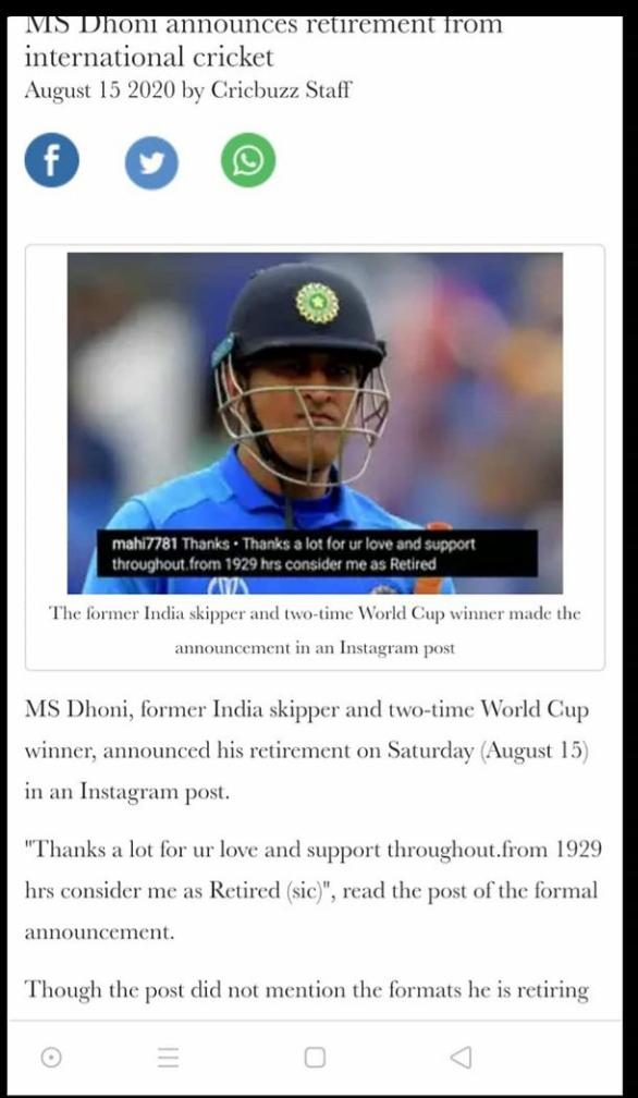 Sahil36694871's tweet photo. @msdhoni 
Wrost news
Ms dhoni announced his retirement 
World best captain will never came in blue anymore 😔😔😑😑
World best wicketkipper
World best finisher
We will miss u 
#cricketlover #msdlover https://t.co/KmLmVYL4Hx